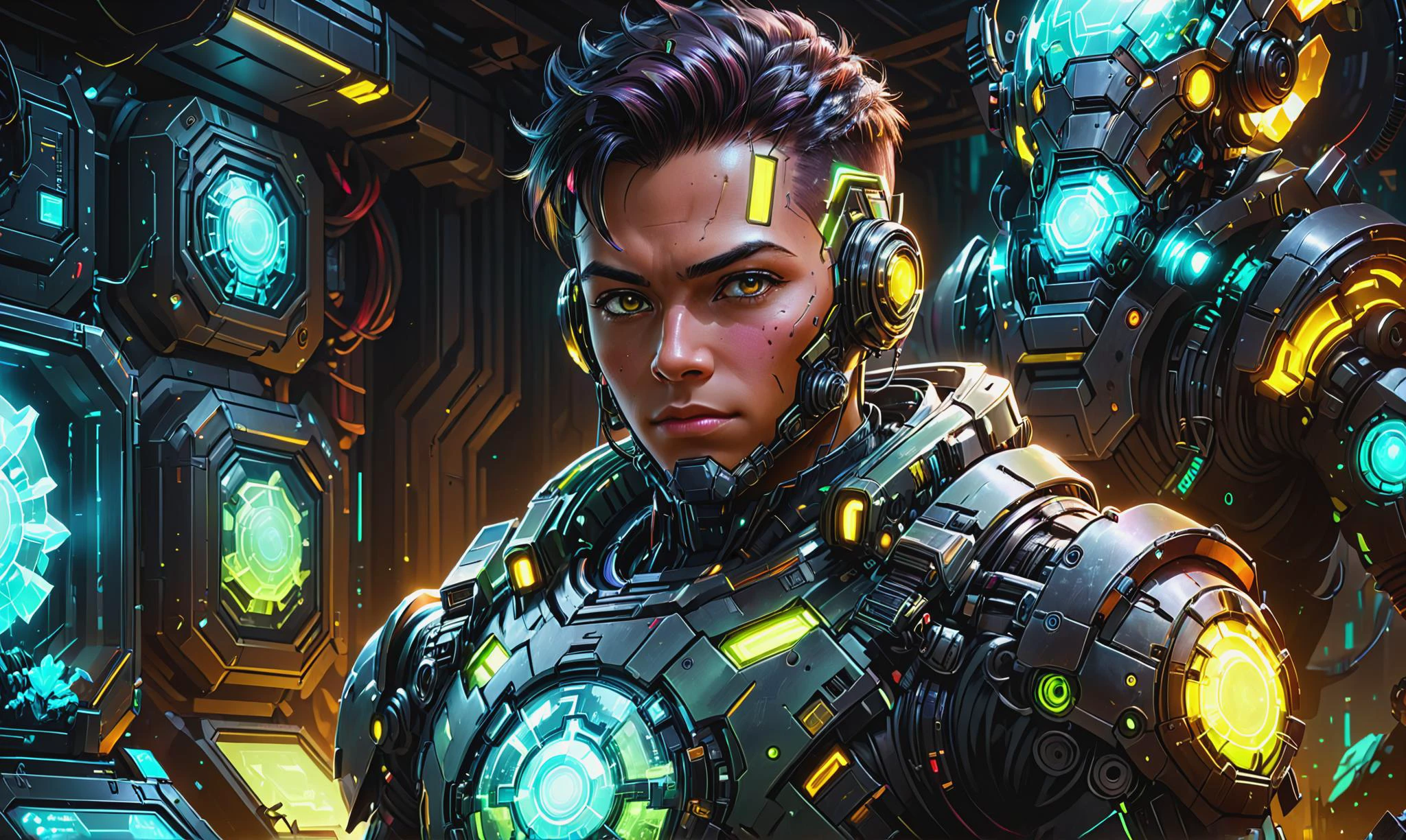 Detailed digital portrait of a <lora:UraniumTechAI:0.7> uraniumtech cyborg at a Transdimensional marketplace trading exotic artifacts, <lora:xl_more_art-full_v1:0.4>, <lora:Dreamyvibes artstyle SDXL - Trigger with dreamyvibes artstyle:0.7> Dreamyvibes Artstyle, Volumetric lighting, <lora:EnvyCharacterPortraitHelperXL01:0.7> solo character portrait, dark background