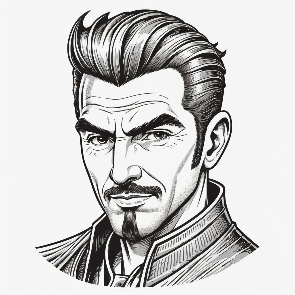 wsj-style engraving, woodcut, monochrome, solo character portrait, man, hair: Pompadour, nationality: Costa Rican, magus, white background<lora:EnvyCharacterPortraitHelperXL01:1.0>
