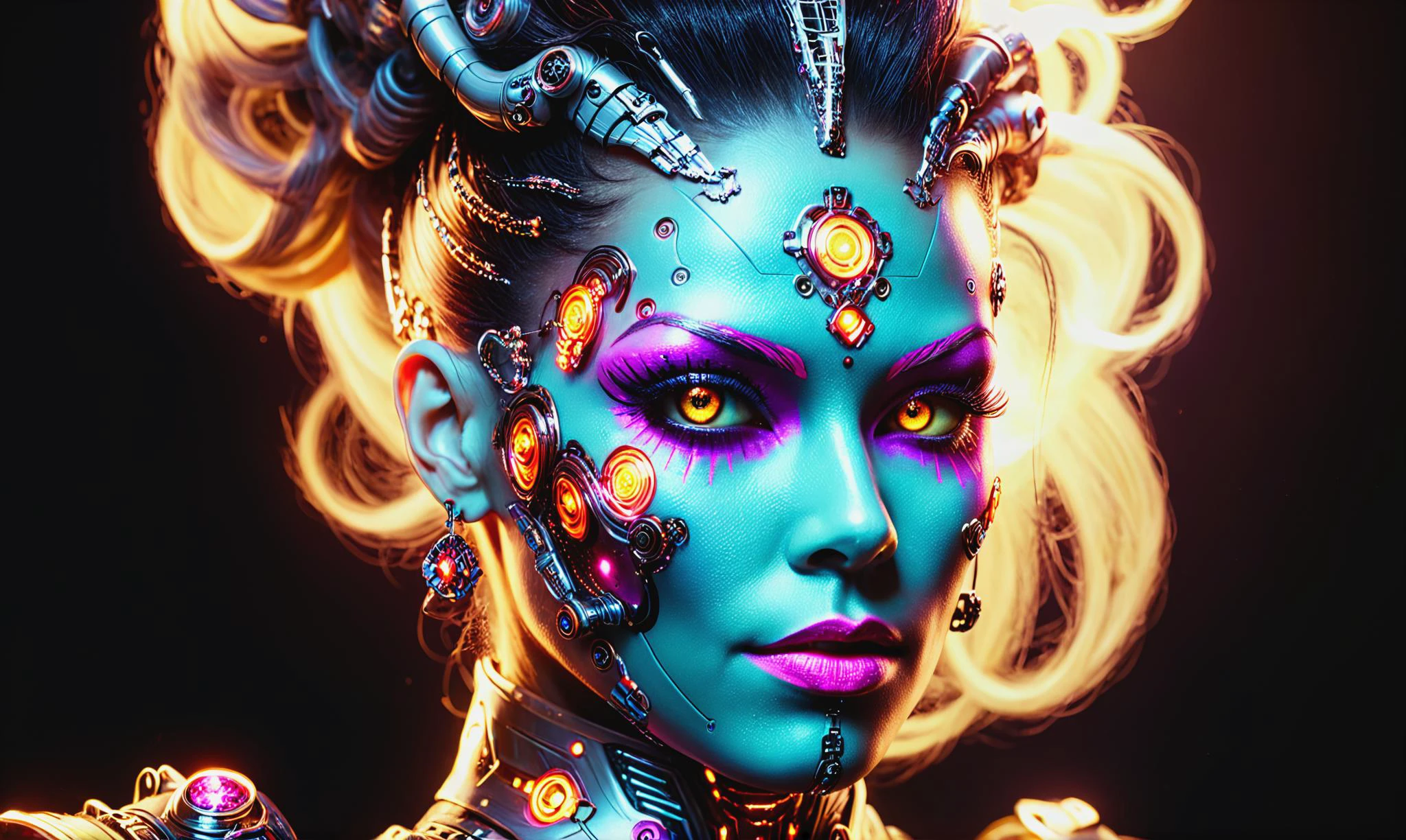 Detailed digital portrait of a <lora:RococoPunkAI:0.7> RococoPunkAI cyborg at a Quantum entanglement creating interconnected realms, <lora:xl_more_art-full_v1:0.4>, <lora:blacklight_makeup_v2:0.7> blacklight makeup, Back lighting, <lora:EnvyCharacterPortraitHelperXL01:0.7> solo character portrait, dark background