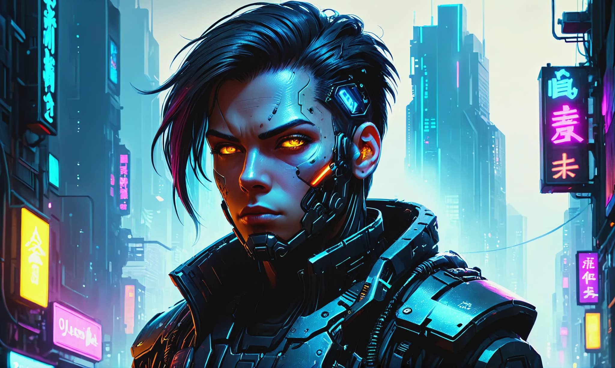 Beautiful detailed digital portrait of a <lora:CyberPunkAIp:0.7> cyberpunkai cyberpunk cyborg at a Dystopian cityscape with perpetual smog, <lora:xl_more_art-full_v1:0.4>, <lora:Dreamyvibes artstyle SDXL - Trigger with dreamyvibes artstyle:0.7> Dreamyvibes Artstyle, Volumetric lighting, <lora:EnvyCharacterPortraitHelperXL01:0.7> solo character portrait, dark background