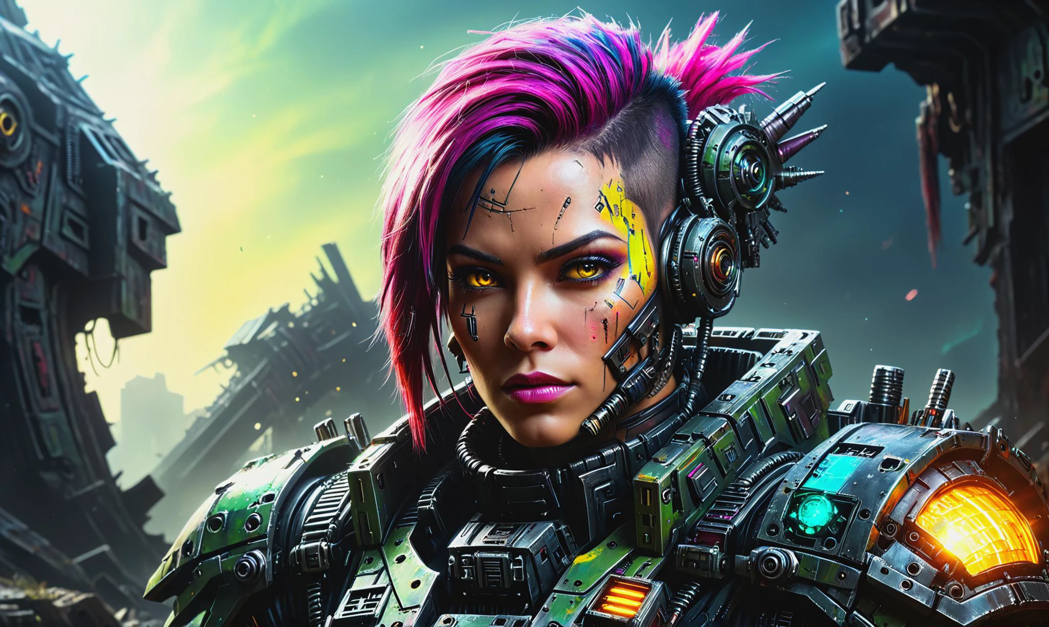 Beautiful detailed digital portrait of a <lora:OrkStyleAI:0.7> OrkStyleAI cyberpunk cyborg at a Ancient starship graveyard with salvageable tech, <lora:xl_more_art-full_v1:0.4>, <lora:gorgoeus_splash_of_vibrant_paint:0.7> Gorgeous splash of vibrant paint, Lens Flare, <lora:EnvyCharacterPortraitHelperXL01:0.7> solo character portrait, dark background