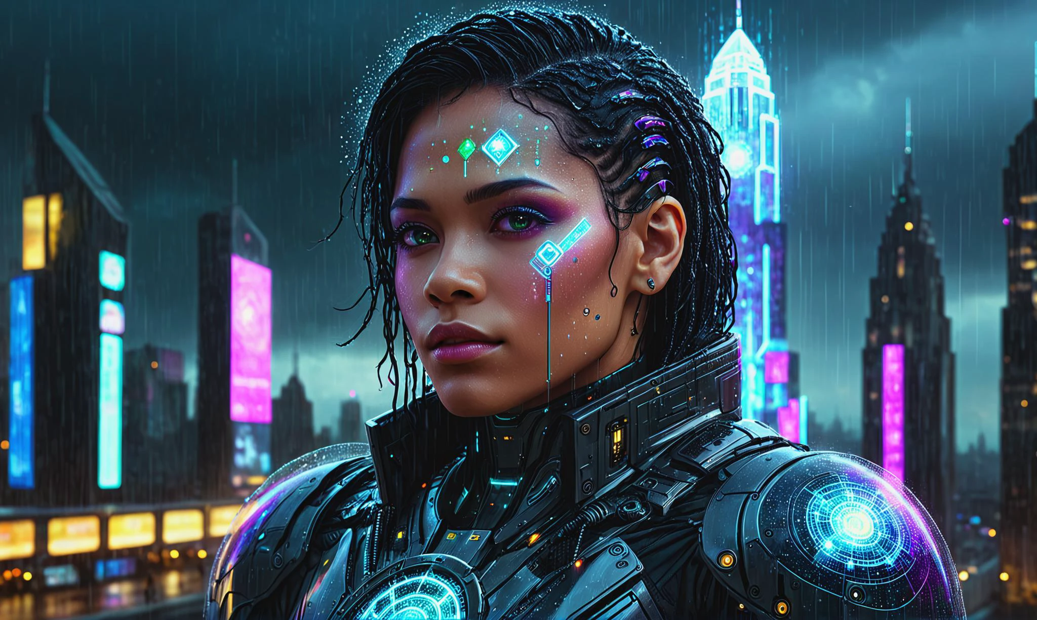 Detailed digital portrait of a <lora:CelestialPunkAI:0.7> celestialpunkai, s0lar, lun4r, st3llar cyborg at a Holographic skyline projections in rainy city, <lora:xl_more_art-full_v1:0.4>, <lora:EnvyFeverDreamXL01a:0.7>, Hard Lighting, <lora:EnvyCharacterPortraitHelperXL01:0.7> solo character portrait, dark background