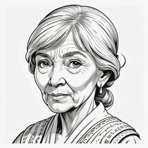 wsj-style engraving, woodcut, monochrome, solo character portrait, older, elderly woman, hair: swept bangs, nationality: Belizean, slave, white background<lora:EnvyCharacterPortraitHelperXL01:1.0>