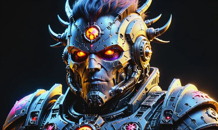 Detailed digital portrait of a <lora:ChaosMarineStyleAIx:0.7> ChaosMarineStyleAI cyborg at a Spacefaring nomads trading exotic resources, <lora:xl_more_art-full_v1:0.4>, <lora:blacklight_makeup_v2:0.7> blacklight makeup, Golden hour, <lora:EnvyCharacterPortraitHelperXL01:0.7> solo character portrait, dark background