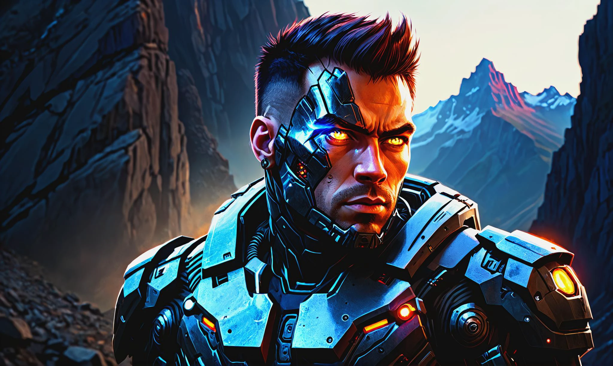 Detailed digital portrait of a <lora:CyberPunkAIp:0.7> cyberpunkai cyborg at a Rocky mountain pass with treacherous cliffs, <lora:xl_more_art-full_v1:0.4>, <lora:EnvyFeverDreamXL01a:0.7>, Flickering light, <lora:EnvyCharacterPortraitHelperXL01:0.7> solo character portrait, dark background
