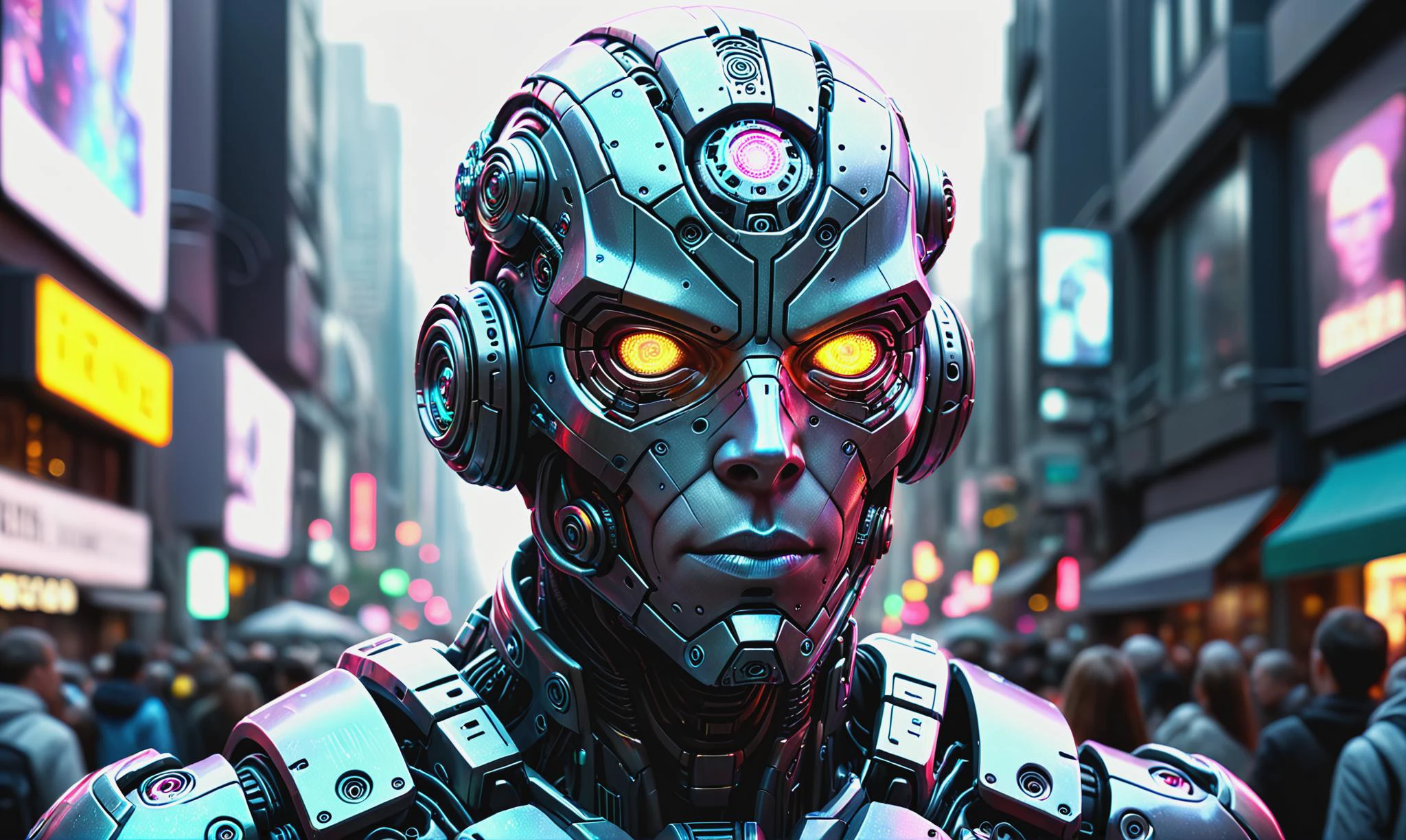 Detailed digital portrait of a <lora:RLyehStyleAI:0.7> rlyehstyleai cyborg at a Holographic news feeds in crowded streets, <lora:xl_more_art-full_v1:0.4>, <lora:fracolor:0.7> fracolor, Ambient occlusion, <lora:EnvyCharacterPortraitHelperXL01:0.7> solo character portrait, dark background