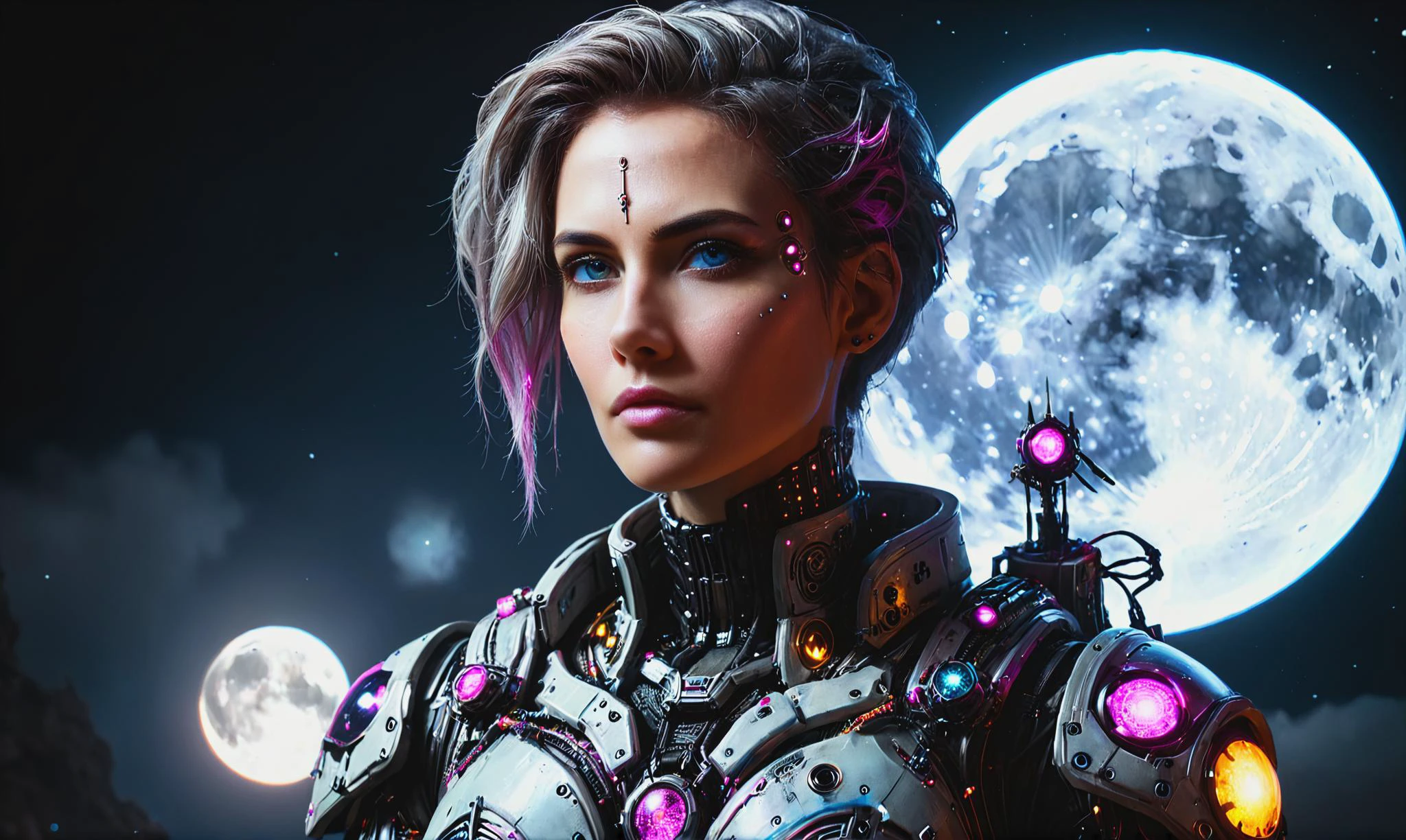 Beautiful detailed digital portrait of a <lora:WizardCoreAI:0.7> wizardcoreai cyberpunk cyborg at a Moon colony facing cosmic anomalies, <lora:xl_more_art-full_v1:0.4>, <lora:bl4ckl1ghtxl:0.7> bl4ckl1ghtxl, Cinematic lighting, <lora:EnvyCharacterPortraitHelperXL01:0.7> solo character portrait, dark background