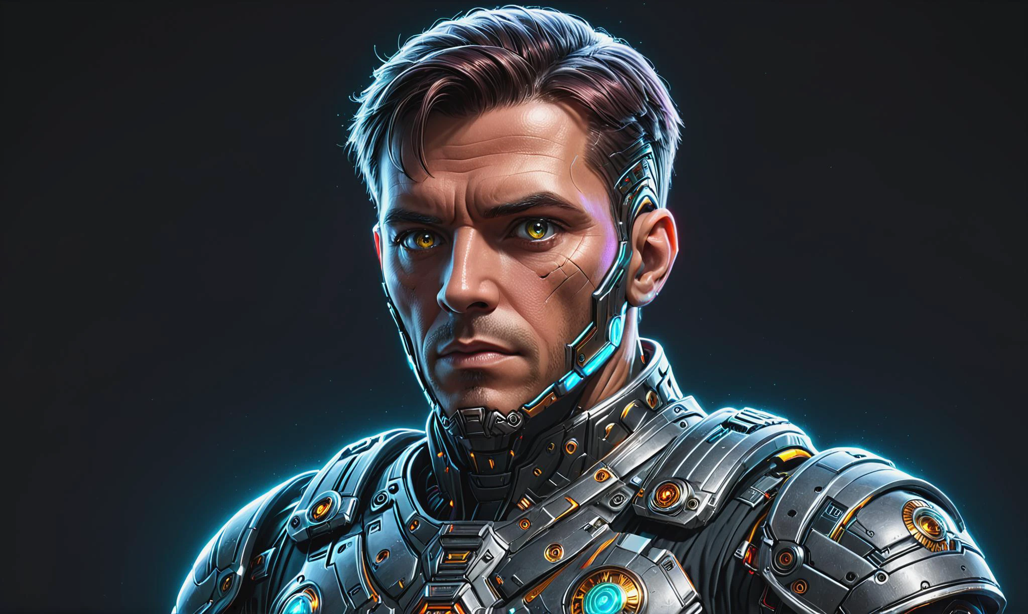 Detailed digital portrait of a <lora:RomanPunkAI:0.7> romanpunkai, old, scifi cyborg at a AI-governed planet enforcing utopian order, <lora:xl_more_art-full_v1:0.4>, <lora:Neon_Style_XL:0.7>, Ambient occlusion, <lora:EnvyCharacterPortraitHelperXL01:0.7> solo character portrait, dark background