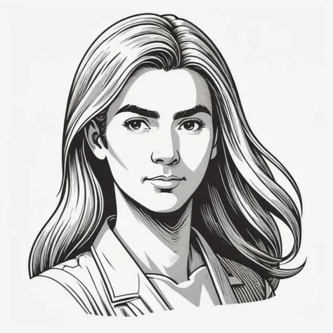 wsj-style engraving, woodcut, monochrome, solo character portrait, man, hair: Curtain Hair, nationality: Costa Rican, woman, white background<lora:EnvyCharacterPortraitHelperXL01:1.0>