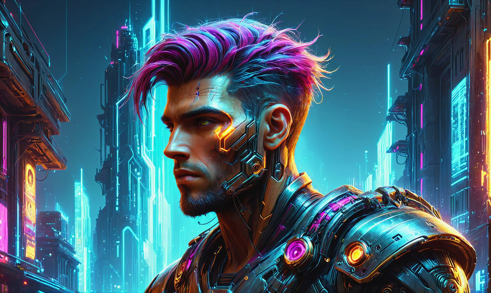 Beautiful detailed digital portrait of a <lora:RomanPunkAI:0.7> romanpunkai, old, scifi cyberpunk cyborg at a Dystopian cityscape with decaying infrastructure, <lora:xl_more_art-full_v1:0.4>, <lora:Rainbow_Style:0.6>, Cinematic lighting, <lora:EnvyCharacterPortraitHelperXL01:0.7> solo character portrait, dark background
