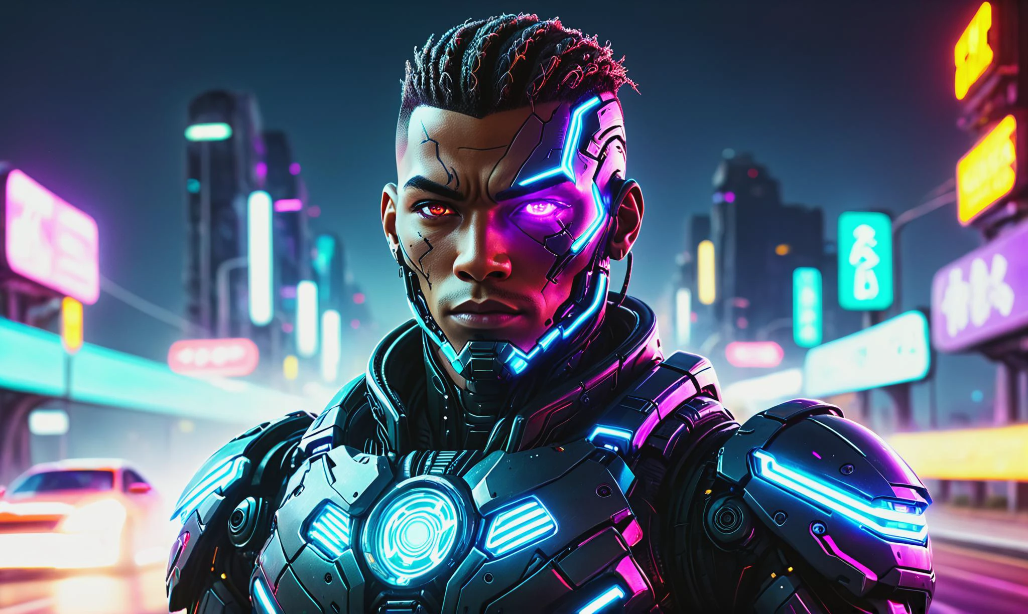 Detailed digital portrait of a <lora:RLyehStyleAI:0.7> rlyehstyleai cyborg at a Neon-lit highway with fast-moving hovercars, <lora:xl_more_art-full_v1:0.4>, <lora:Dreamyvibes artstyle SDXL - Trigger with dreamyvibes artstyle:0.7> Dreamyvibes Artstyle, Back lighting, <lora:EnvyCharacterPortraitHelperXL01:0.7> solo character portrait, dark background