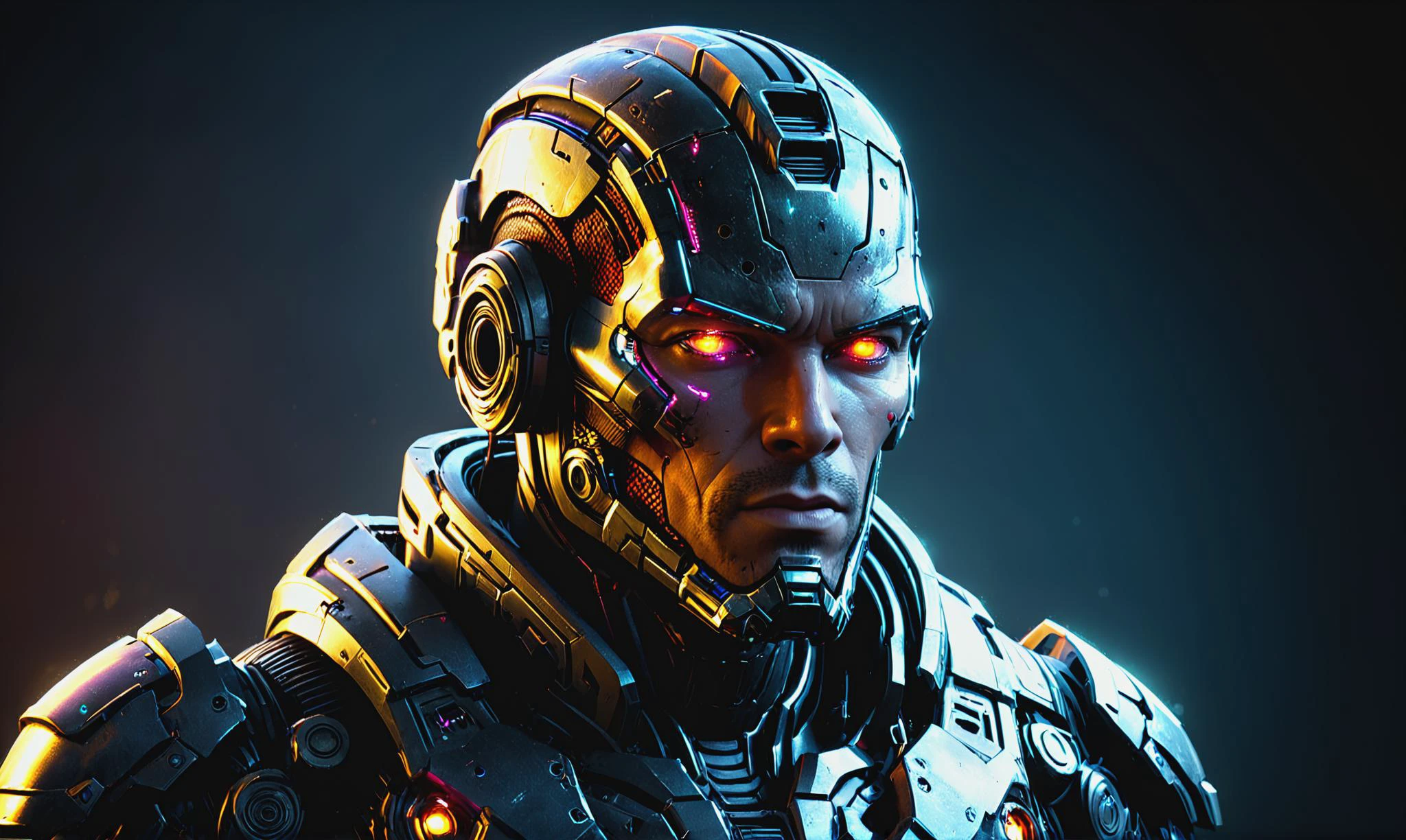 Detailed digital portrait of a <lora:CyberPunkAIp:0.7> cyberpunkai cyborg at a Rogue planet on collision course, <lora:xl_more_art-full_v1:0.4>, <lora:PE_NeonUV Style:0.7> PENeonUV, Volumetric lighting, <lora:EnvyCharacterPortraitHelperXL01:0.7> solo character portrait, dark background