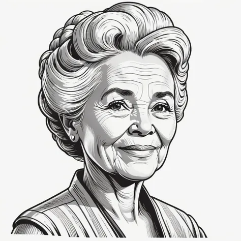 wsj-style engraving, woodcut, monochrome, solo character portrait, older, elderly woman, hair: Beehive, nationality: Seychellois, engineer, white background<lora:EnvyCharacterPortraitHelperXL01:1.0>