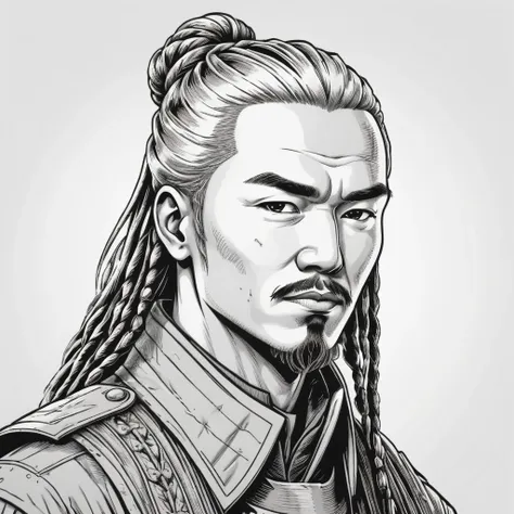 wsj-style engraving, woodcut, monochrome, solo character portrait, man, hair: Dreadlocks, nationality: Kazakhstani, soldier, white background<lora:EnvyCharacterPortraitHelperXL01:1.0>