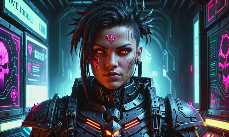 Beautiful detailed digital portrait of a <lora:ChaosMarineStyleAIx:0.7> ChaosMarineStyleAI cyberpunk cyborg at a Underground hacker den with neon screens, <lora:xl_more_art-full_v1:0.4>, <lora:pastel_colors_xl_v3:0.7>, Global illumination, <lora:EnvyCharacterPortraitHelperXL01:0.7> solo character portrait, dark background
