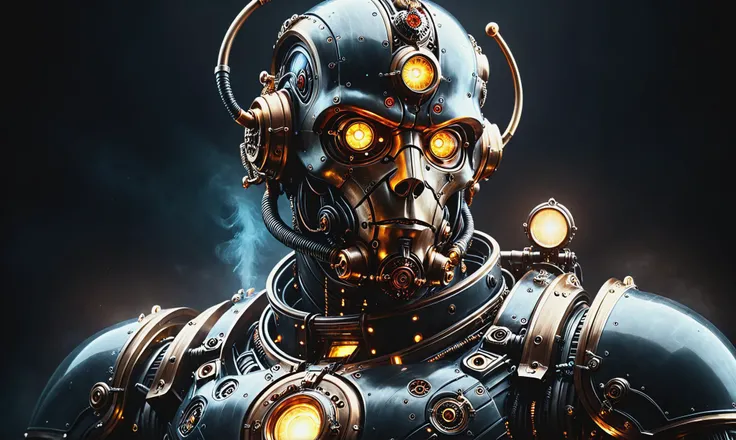 Detailed digital portrait of a <lora:SteamPunkNoireAI:0.7> steampunknoireai cyborg at a Energy beings evolving in gas giants, <lora:xl_more_art-full_v1:0.4>, <lora:PE_NeonUV Style:0.7> PENeonUV, Chiaroscuro, <lora:EnvyCharacterPortraitHelperXL01:0.7> solo character portrait, dark background