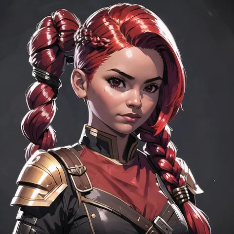 solo character portrait, young woman, hair: shimmering crimson hair, braid, nationality: Nicaraguan, weaponsmith, dark background<lora:EnvyCharacterPortraitHelperXL01:1.0>