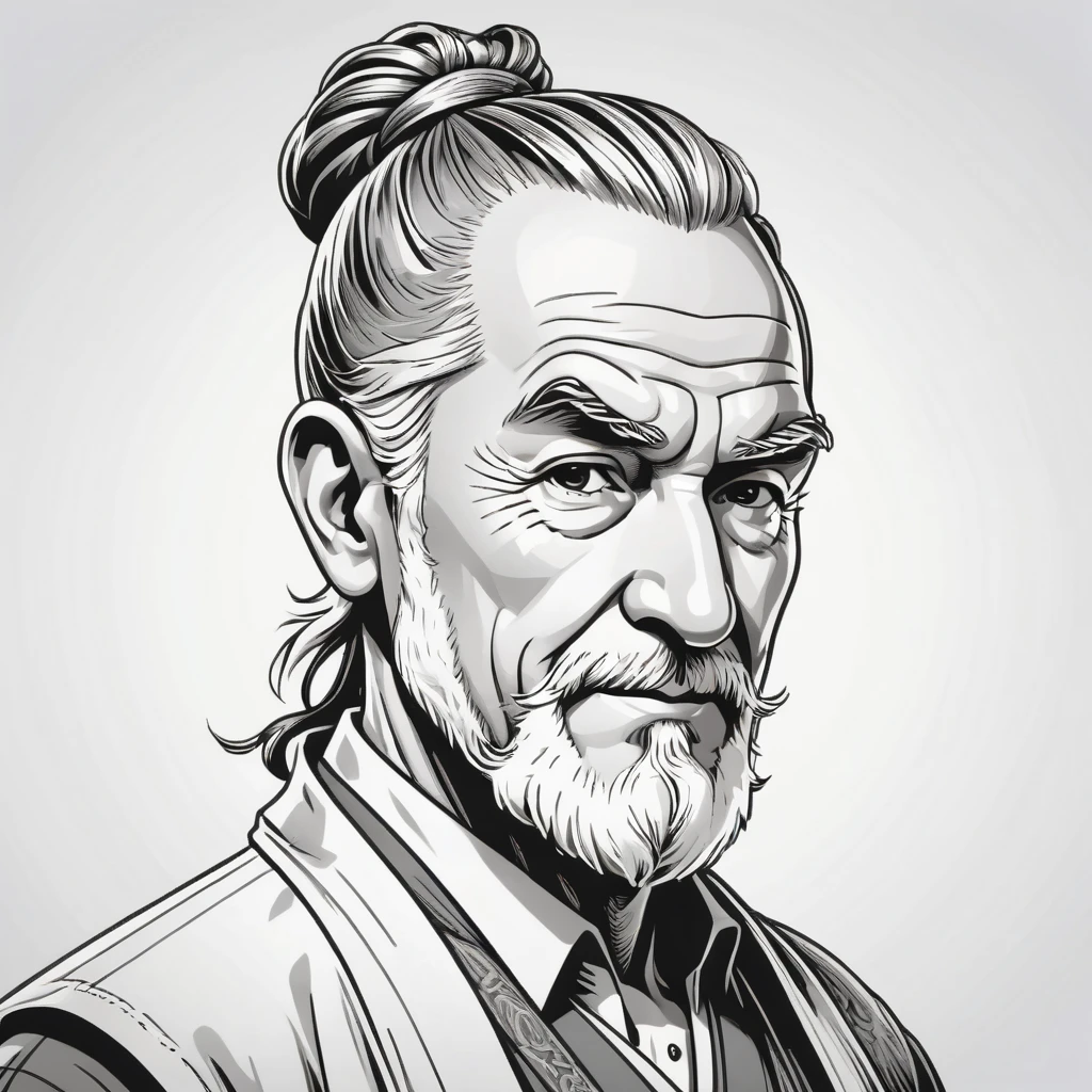 wsj-style engraving, woodcut, monochrome, solo character portrait, older, elderly man, hair: Man Bun, nationality: Wallisian, woman, white background<lora:EnvyCharacterPortraitHelperXL01:1.0>