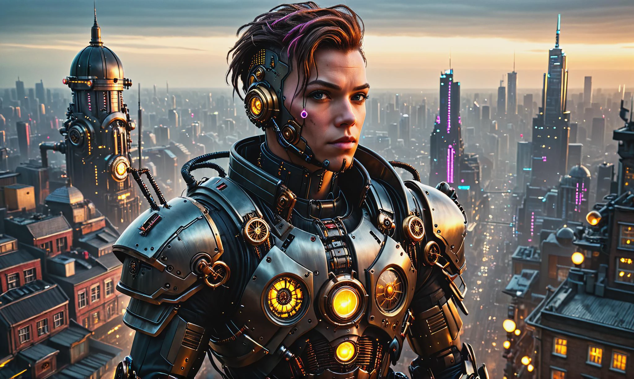 Detailed digital portrait of a <lora:SteamPunkNoireAI:0.7> steampunknoireai cyborg at a Aerial view of cyberpunk city at dusk, <lora:xl_more_art-full_v1:0.4>, <lora:cine:0.7> cin3, Golden hour, <lora:EnvyCharacterPortraitHelperXL01:0.7> solo character portrait, dark background