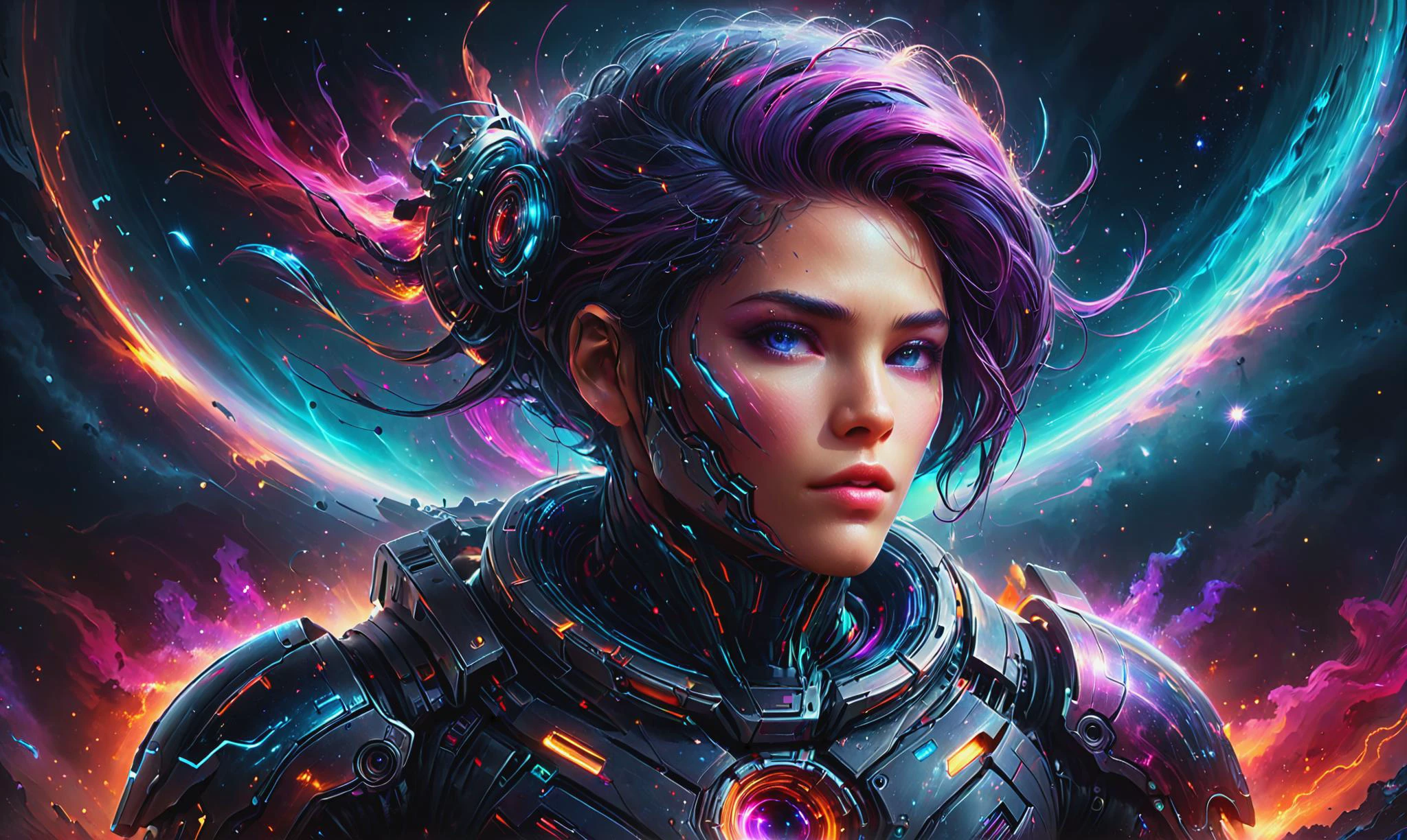 Detailed digital portrait of a <lora:InfraBlackholeTechAI:0.7> inblackholetechAI cyborg at a Sentient nebula nurturing intelligent life, <lora:xl_more_art-full_v1:0.4>, <lora:Rainbow_Style:0.6>, Cinematic lighting, <lora:EnvyCharacterPortraitHelperXL01:0.7> solo character portrait, dark background