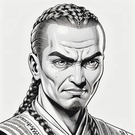 wsj-style engraving, woodcut, monochrome, solo character portrait, man, hair: Cornrows, nationality: Turkmen, ghoul, white background<lora:EnvyCharacterPortraitHelperXL01:1.0>