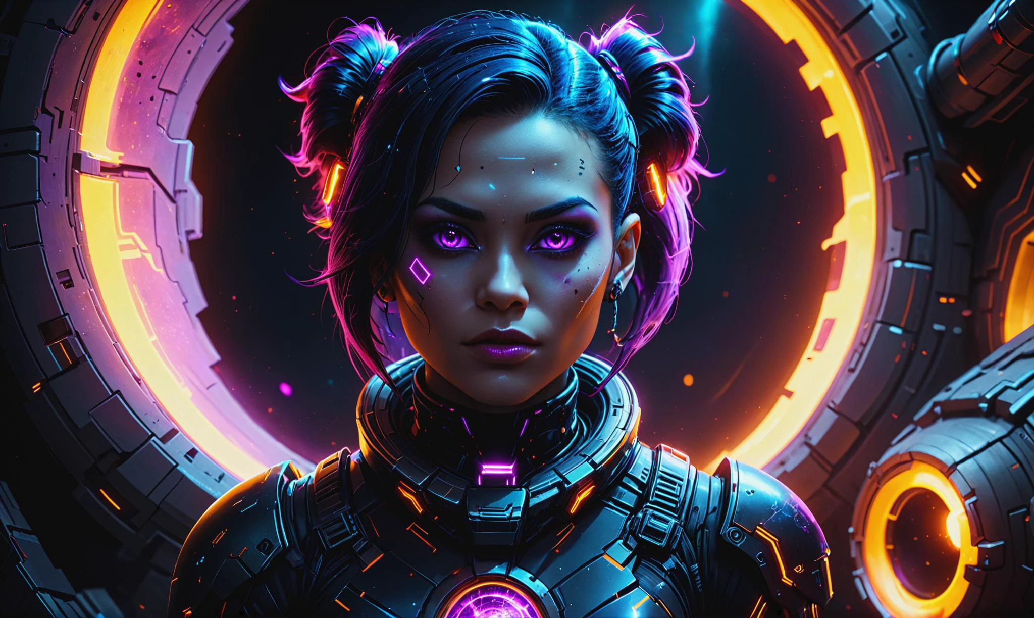 Beautiful detailed digital portrait of a <lora:InfraBlackholeTechAI:0.7> inblackholetechAI cyberpunk cyborg at a Hollow asteroid colony housing hidden society, <lora:xl_more_art-full_v1:0.4>, <lora:blacklight_makeup_v2:0.7> blacklight makeup, Cinematic lighting, <lora:EnvyCharacterPortraitHelperXL01:0.7> solo character portrait, dark background