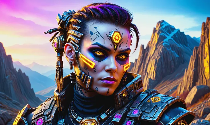 Beautiful detailed digital portrait of a <lora:OrkStyleAI:0.7> OrkStyleAI cyberpunk cyborg at a Rocky mountain pass with ancient runes, <lora:xl_more_art-full_v1:0.4>, <lora:blacklight_makeup_v2:0.7> blacklight makeup, Golden hour,  <lora:EnvyCharacterPortraitHelperXL01:0.7> solo character portrait, dark background