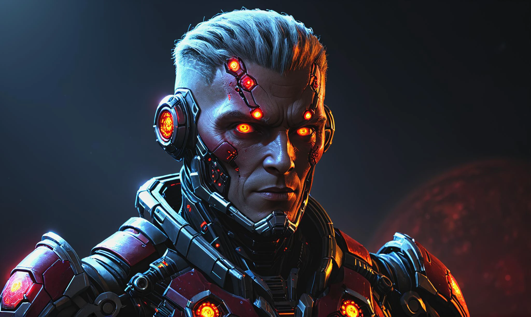 Detailed digital portrait of a <lora:BloodPunkAI:0.7> bloodpunkai cyborg at a Exoplanet society governed by hive mind, <lora:xl_more_art-full_v1:0.4>, <lora:pastel_colors_xl_v3:0.7>, Global illumination, <lora:EnvyCharacterPortraitHelperXL01:0.7> solo character portrait, dark background