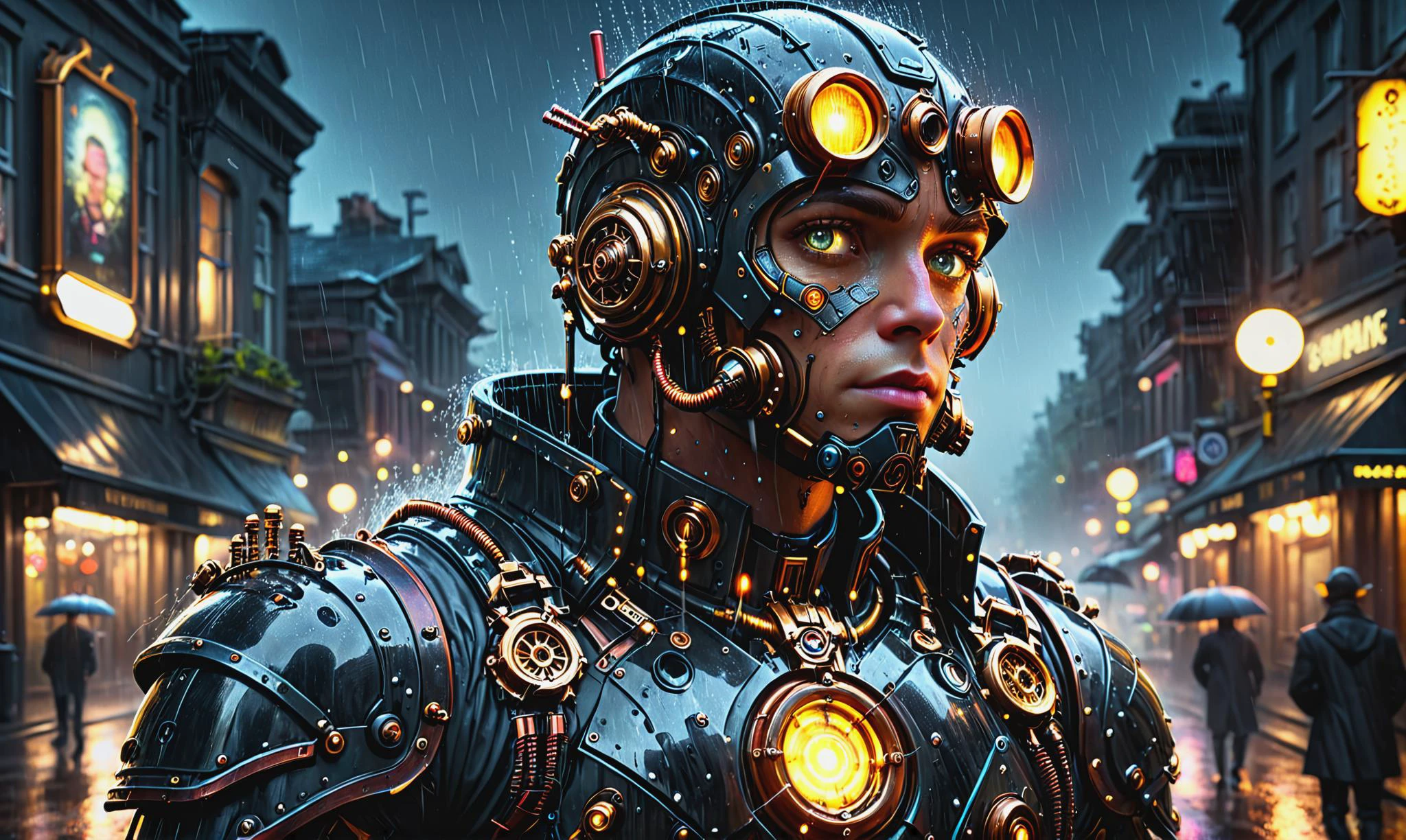 Detailed digital portrait of a <lora:SteamPunkNoireAI:0.7> steampunknoireai cyborg at a Rain-soaked streets with glowing manholes, <lora:xl_more_art-full_v1:0.4>, <lora:Neon_Style_XL:0.7>, Flickering light, <lora:EnvyCharacterPortraitHelperXL01:0.7> solo character portrait, dark background