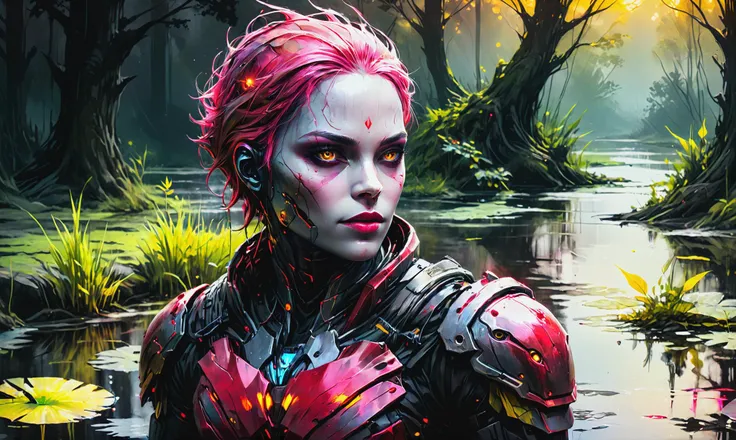 Detailed digital portrait of a <lora:BloodPunkAI:0.7> bloodpunkai cyborg at a Secluded pond in enchanted woodland, <lora:xl_more_art-full_v1:0.4>, <lora:SDXLPaintSplash:0.7> colorsplash, Golden hour, <lora:EnvyCharacterPortraitHelperXL01:0.7> solo character portrait, dark background