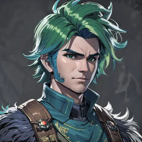 solo character portrait, man, hair: slate blue and green hair, Shaggy Hair, nationality: Tristanian, armorer, dark background<lora:EnvyCharacterPortraitHelperXL01:1.0>