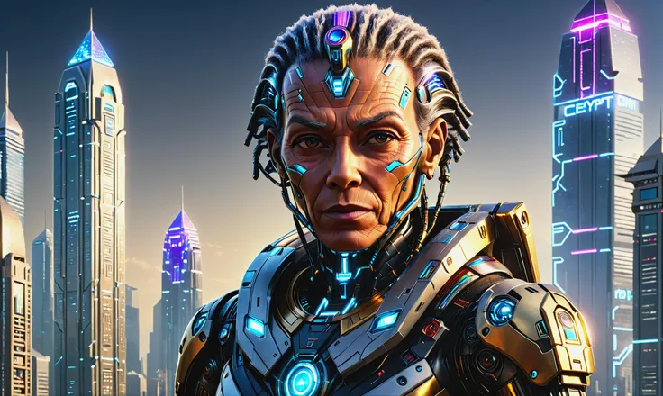 Detailed digital portrait of a <lora:EgyptPunkAI:0.7> egyptpunkai, old, scifi cyborg at a Megacity skyline with holographic skyscrapers, <lora:xl_more_art-full_v1:0.4>, <lora:cine:0.7> cin3, Sunshine rays, <lora:EnvyCharacterPortraitHelperXL01:0.7> solo character portrait, dark background