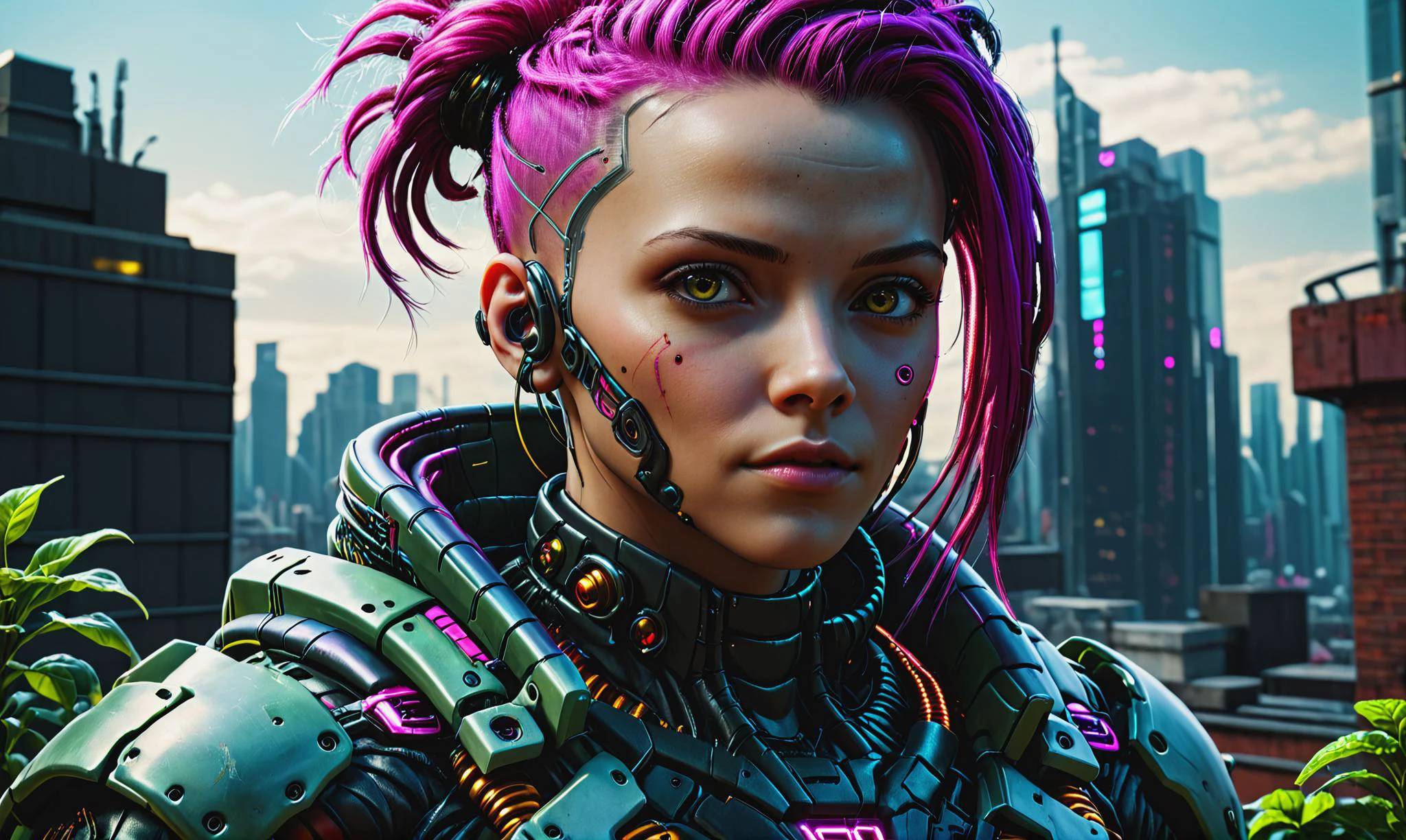 Beautiful detailed digital portrait of a <lora:TumorPunkAI:0.7> tumorpunkai cyberpunk cyborg at a Cyberpunk rooftop garden with solar panels, <lora:xl_more_art-full_v1:0.4>, <lora:cine:0.7> cin3, Cinematic lighting, <lora:EnvyCharacterPortraitHelperXL01:0.7> solo character portrait, dark background