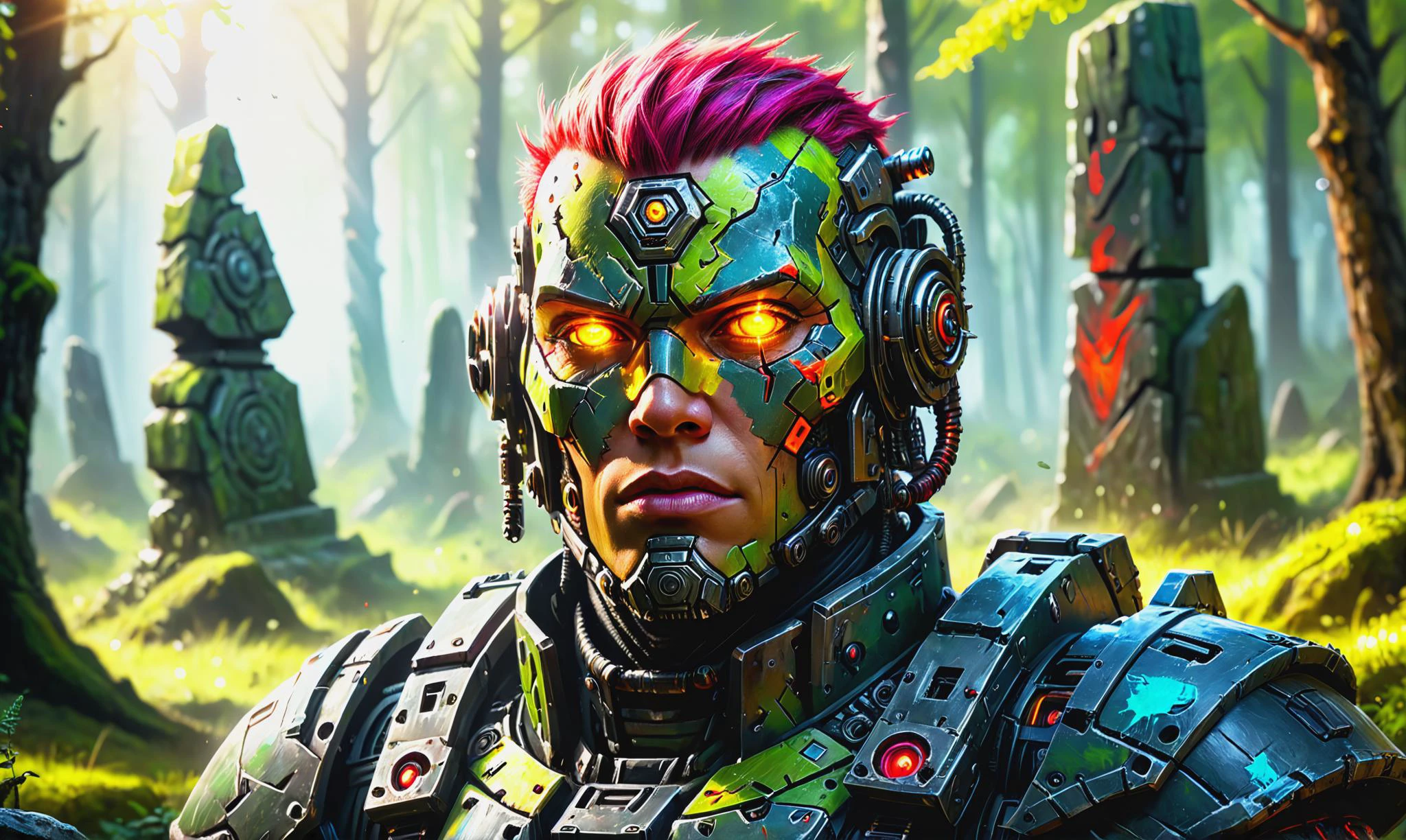 Detailed digital portrait of a <lora:OrkStyleAI:0.7> OrkStyleAI cyborg at a Forest clearing with ancient standing stones, <lora:xl_more_art-full_v1:0.4>, <lora:gorgoeus_splash_of_vibrant_paint:0.7> Gorgeous splash of vibrant paint, Sunshine rays, <lora:EnvyCharacterPortraitHelperXL01:0.7> solo character portrait, dark background