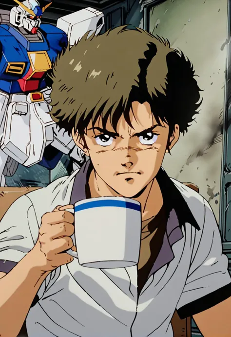 1boy,male focus,solo,holding mug,sitting,on chair,holding,serious face,looking at viewer,indoors,upper body,cinematic angle,(masterpiece),(best quality),(ultra-detailed),very aesthetic,illustration,disheveled hair,perfect composition,moist skin,intricate details,gundam,gundam unicorn,<lora:cel_mikimoto_v0.2-000010:0.9>,