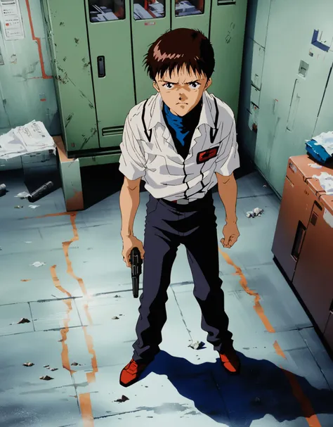 1boy,male focus,ikari shinji,neon genesis evangelion,solo,holding a handgun, standing,serious face,looking at viewer,indoors,full body,cinematic angle,(masterpiece),(best quality),(ultra-detailed),very aesthetic,illustration,disheveled hair,perfect composition,moist skin,intricate details,<lora:cel_mikimoto_v0.2-000010:0.8>,