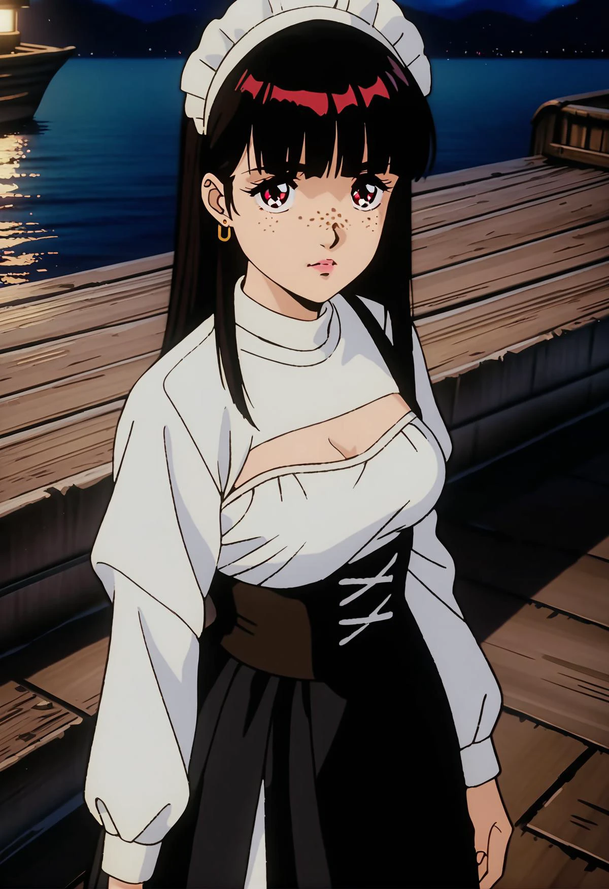 (masterpiece,best quality,4K,anime),1girl,mature,solo,black hair,long straight hair,blunt bangs,slant eyes,red eyes,perfecteyes,eyebrows,freckles,ear,earrings,hair behind ear,baggy corset tshirt,white tshirt,long sleeves,cleavage slit,black skirt,small breasts,looking at viewer,dim lighting,maid hat,red ribbon,(black robes:1.2),outdoors,on a ship,wooden ship,night,high resolution textures,cinematic,extremely detailed,<lora:cel_mikimoto_v1.0:0.8>,