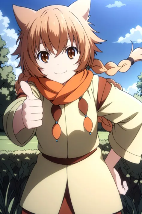 masterpiece, best quality, 1girl, solo, <lora:Ithea-000035:0.6>, looking at viewer, animal ears, brown eyes, braid, cat ears, scarf, orange hair, single braid,hand on hip, , thumbs up, standing, blue sky, white cloud, field,^ ^, smile