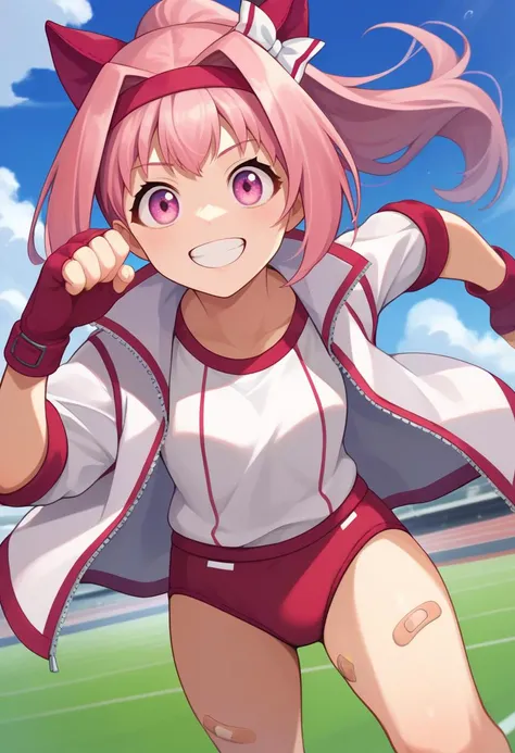 score_9, score_8_up, score_7_up, source_anime, solo, 1girl, haru urara, grin, looking at viewer, running, ponytail, hair bow, white bow, headband, animal ears, ear covers, symbol in eye, flower in eye, gym uniform, white jacket, track jacket, open jacket, white shirt, red gloves, fingerless gloves, red buruma, bandaid on leg, outdoors, racetrack <lora:umamusume_haruurara_ponyXL:1>