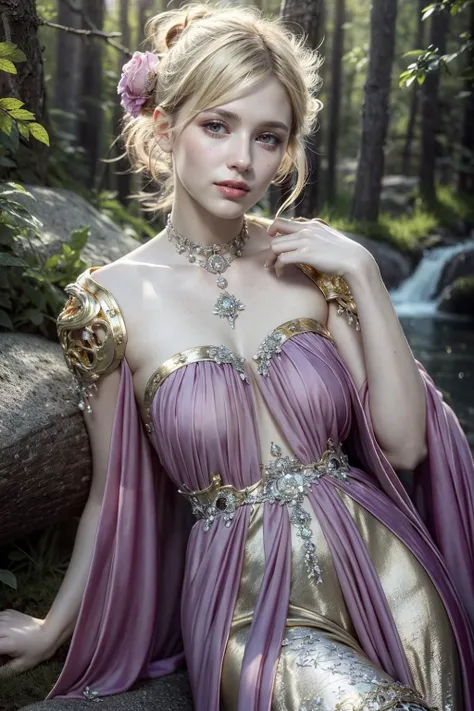 (realistic:1.3), finely detailed, quality, rembrandt lighting, (masterpiece:1.2), (photorealistic:1.2), (best quality), (detailed skin:1.3), (intricate details), dramatic, ray tracing, 1girl, french girl, 21 years old, detailed skin texture, (blush:0.5), (goosebumps:0.5), subsurface scattering, smiling, medium breasts, updo hair, blonde hair, bangs, hair between eyes, HUD_spr_armr, hair flower, (red dress:1.3), long (chiffon dress), long sleeves, jewelry, intricate engraved metal neckpiece, shoulder piece, jeweled belt, breastplate, laser cut sleeves, cowboy shot, sitting, partially submerged, (bright sunny day, fantasy theme, lavish, extravagant, outdoors, river, waterfall, forest), <lora:HUD_spr_armr:0.7>