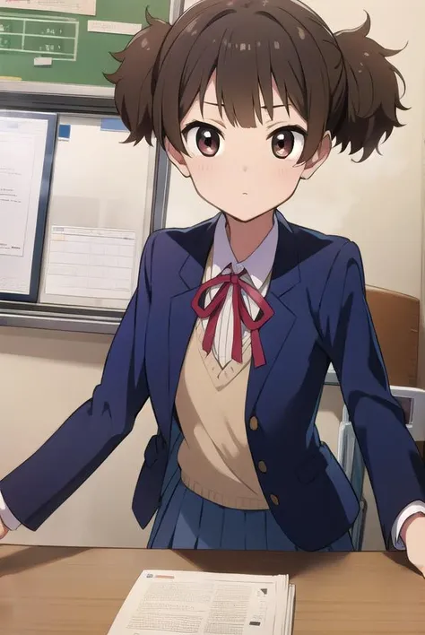 junsuzuki, <lyco:junsuzuki-LYCORIStest:1>,
jun suzuki, brown hair, (brown eyes:1.7), short hair, twintails, (flat chest:1.2),
BREAK sakuragaoka high school uniform, school uniform,
BREAK looking at viewer,
BREAK indoors, classroom,
BREAK <lora:GoodHands-vanilla:1>, (masterpiece:1.2), best quality, high resolution, unity 8k wallpaper, (illustration:0.8), (beautiful detailed eyes:1.6), extremely detailed face, perfect lighting, extremely detailed CG, (perfect hands, perfect anatomy),