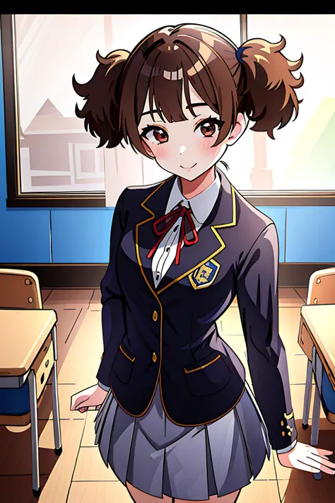 masterpiece, best quality, 1girl, cowboy shot, withLora(junsuzuki-LYCORIStest,0.9),jun suzuki, brown hair, brown eyes, short hair, twintails, sakuragaoka high school uniform, school uniform, jacket, black jacket, collared shirt, pleated skirt, blue skirt, classroom, smile
