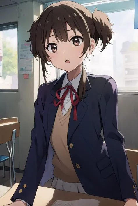 junsuzuki, <lyco:junsuzuki-LYCORIStest:1>,
jun suzuki, brown hair, (brown eyes:1.7), short hair, twintails, (flat chest:1.2),
BREAK sakuragaoka high school uniform, school uniform,
BREAK looking at viewer,
BREAK indoors, classroom,
BREAK <lora:GoodHands-vanilla:1>, (masterpiece:1.2), best quality, high resolution, unity 8k wallpaper, (illustration:0.8), (beautiful detailed eyes:1.6), extremely detailed face, perfect lighting, extremely detailed CG, (perfect hands, perfect anatomy),