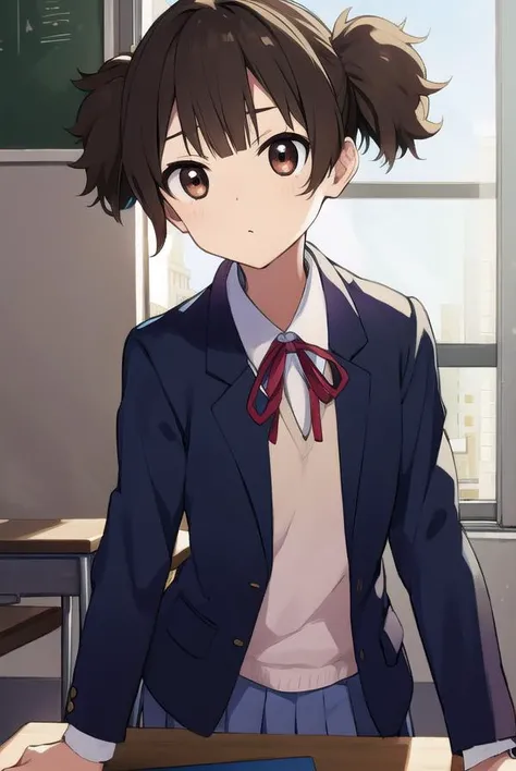 junsuzuki, <lyco:junsuzuki-LYCORIStest:1>,
jun suzuki, brown hair, (brown eyes:1.7), short hair, twintails, (flat chest:1.2),
BREAK sakuragaoka high school uniform, school uniform,
BREAK looking at viewer,
BREAK indoors, classroom,
BREAK <lora:GoodHands-vanilla:1>, (masterpiece:1.2), best quality, high resolution, unity 8k wallpaper, (illustration:0.8), (beautiful detailed eyes:1.6), extremely detailed face, perfect lighting, extremely detailed CG, (perfect hands, perfect anatomy),