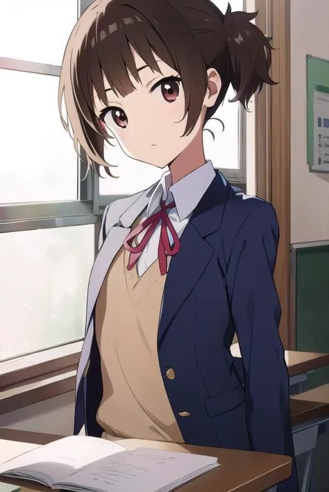 junsuzuki, <lyco:junsuzuki-LYCORIStest:1>,
jun suzuki, brown hair, (brown eyes:1.7), short hair, twintails, (flat chest:1.2),
BREAK sakuragaoka high school uniform, school uniform,
BREAK looking at viewer,
BREAK indoors, classroom,
BREAK <lora:GoodHands-vanilla:1>, (masterpiece:1.2), best quality, high resolution, unity 8k wallpaper, (illustration:0.8), (beautiful detailed eyes:1.6), extremely detailed face, perfect lighting, extremely detailed CG, (perfect hands, perfect anatomy),