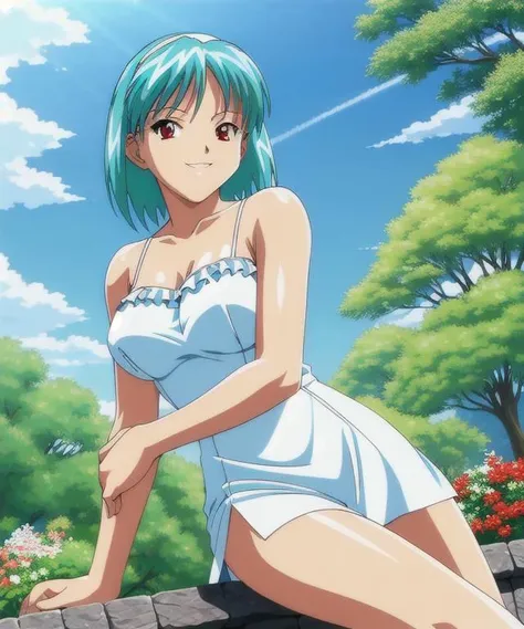 masterpiece, best quality, outdoors, garden, dating, gyaru, bishounen, aqua hair, hairband, red eyes, tsurime, seductive smile, smirk, white camisole, white short dress, bare shoulders, bare legs, jewelry, koizumi hitomi