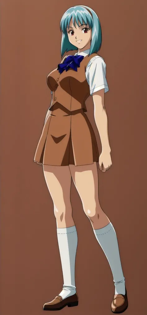 masterpiece, best quality, highres, official art, tachi-e, full body, solo, gyaru, bishounen, aqua hair, short hair, hairband, red eyes, tsurime, smile, open mouth, pose, brown vest, blue ribbon, short sleeves, brown skirt, kneehighs, white socks, koizumi hitomi