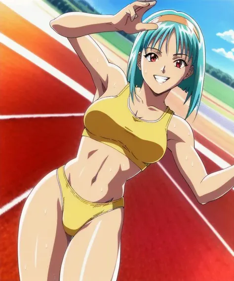 masterpiece, best quality, track and field, day, solo, gyaru, bishounen, aqua hair, yellow hairband, red eyes, ( tsurime, sanpaku ), smile, teeth, stretching, on ground, sitting, spread legs, squatting, sports bra, sports panties, buruma, sportswear, sweat, koizumi hitomi
