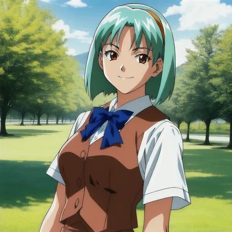 official art, highres, outdoors, day, upper body, portrait, seigraKoizumi, smile, smug, brown vest, short sleeves, blue ribbon, bow, hairband
