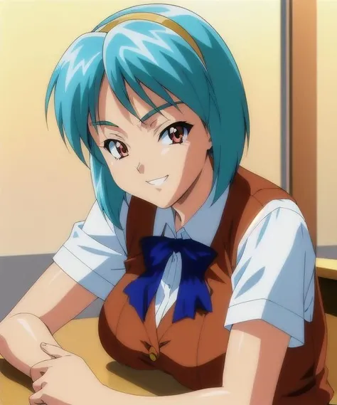 masterpiece, best quality, seigraKoizumi, solo, portrait, from side, upper body, gyaru, tomboy, shiny skin, aqua hair, red eyes, tsurime, sanpaku, netorare, sexy, seductive smile, brown vest, blue ribbon, short sleeves, sex